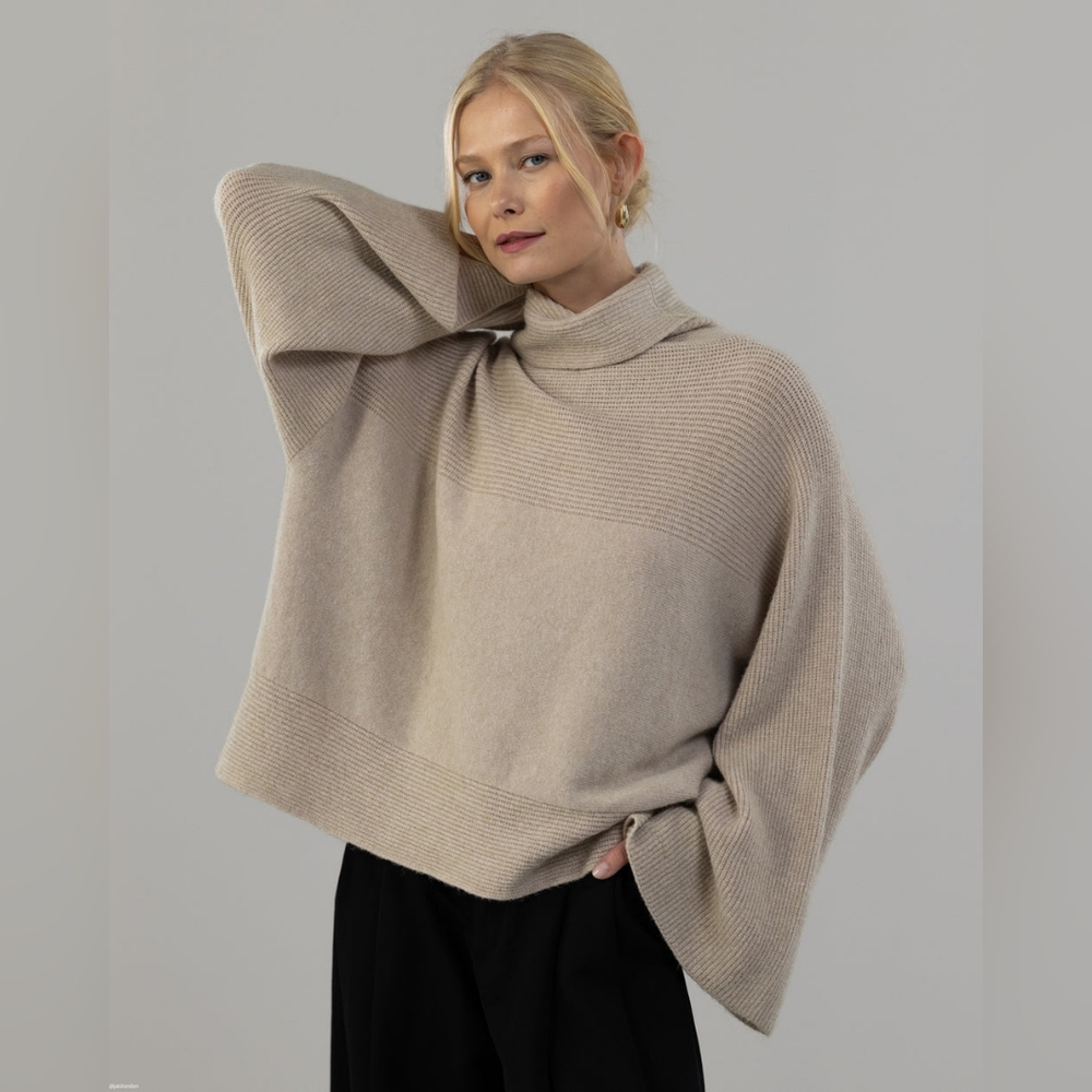 Jaki London Ribbed Roll Neck Sweater in Beige